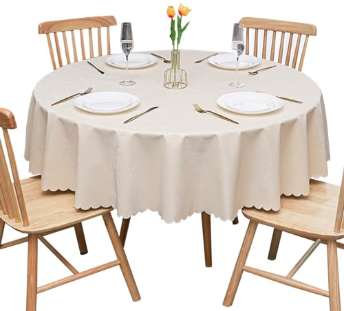 GOEXCPL Fleckabweisende runde Tischdecke,Wasserdicht Tischdecke,Leicht zu reinigen, Beige-SZ Durchmesser 160 cm