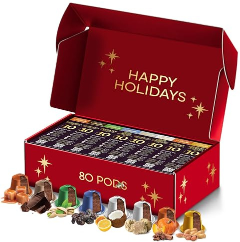 La Natura Lifestyle AROMA BOX, 80 capsules de café compatibles avec les machines à capsules Nespresso, 8 SAVEURS uniques, caramel, chocolat, pistache, coco, rhum, truffe, potiron, cacahuète