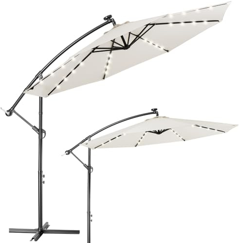 BAKAJI Ombrellone da Giardino Terrazzo con Luce e Pannello Solare Dimensioni 3x3 Mt Richiudibile Palo Laterale Struttura Acciaio Altezza 250 cm Antivento, Base a croce Tessuto Anti UV (Beige 32 LED)