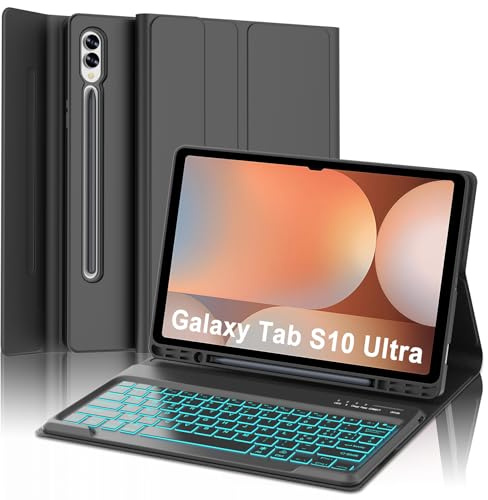 WAVATA Tastiera per Samsung Galaxy Tab S10 Ultra/S9 Ultra/S8 Ultra 14.6, Custodia Tastiera per S10 Ultra/S9 Ultra Tastiera Magnetica Staccabile Cover con Slot a Penna, Retroilluminata, Nero