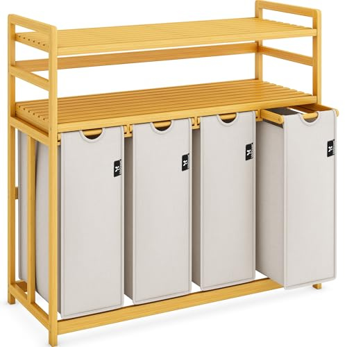 AdelDream Tvättkorg 200L med 4 fack och 2 hyllor, bamburam | Tvättsorterare,avtagbara tvättpåsar,Modern design i bambu och ljusgrå passar perfekt i badrum,sovrum och tvättstuga,ljusgrå