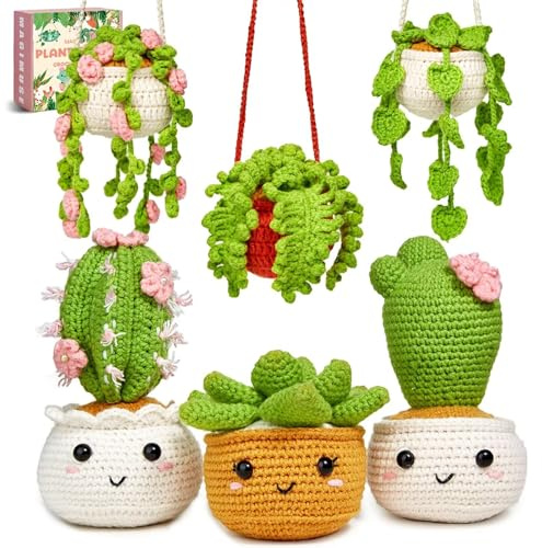 SENIURIS Crochet Kits for Starters, Crochet Beginners Knitting Crochet Kits with 6 Pack Hanging Potted Plants Family.
