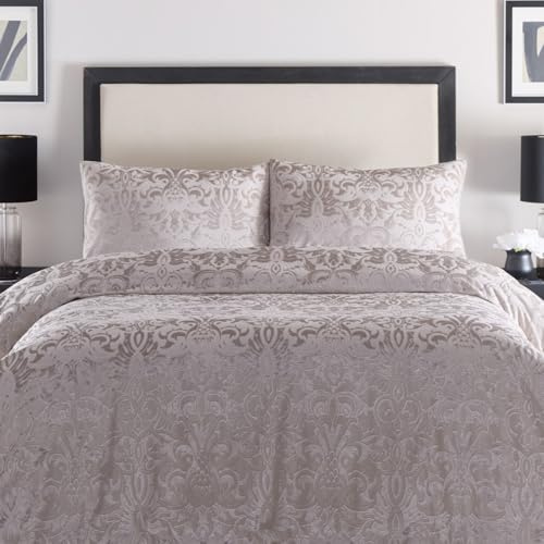Laurence Llewelyn-Bowen - Copripiumino damascato goffrato in lino - Letto matrimoniale (200 x 200 cm) - 2 federe - Biancheria da letto damascata in velluto di lino crema - Set di biancheria da letto