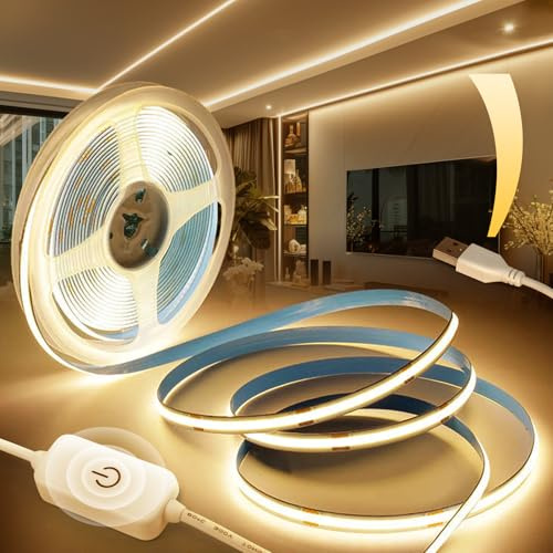 BRIMETI USB 5V COB LED Streifen Dimmbar 5M Selbstklebend 320LEDs/M Natürliches Weiß 4000K, TV Beleuchtung LED Strip Lights CRI90+ Flexibel Lichtband, für Schlafzimmer, Spiegel Dekoration Küche