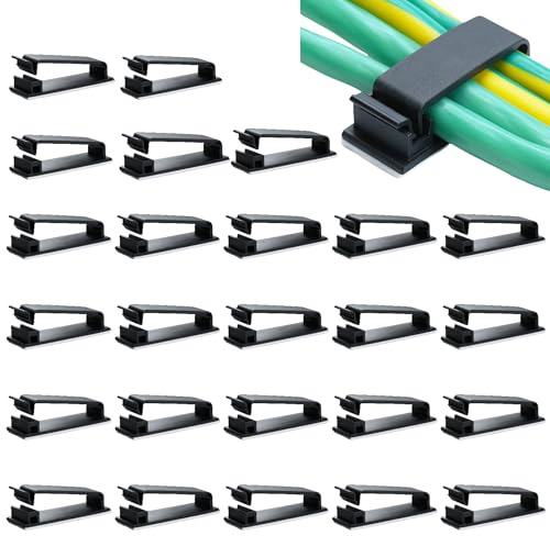Clearhill 25pcs Self Adhesive Cable Management Clips,64.5mm/2.54in Black Durable Wire Organizers Cord Holder for TV, PC, Laptop, Ethernet, Desktop, Home, and Office