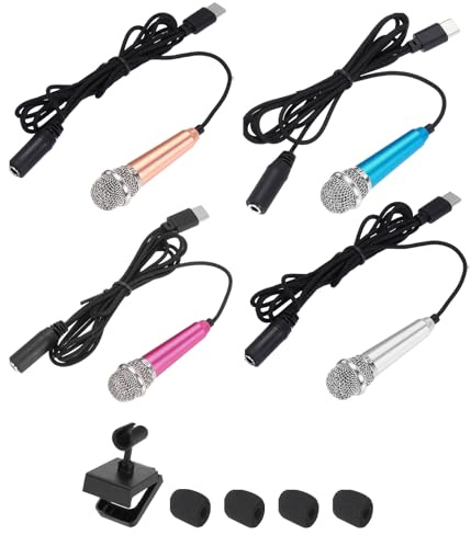 sourcing map 4 mini micrófonos, mini micrófonos pequeños para teléfono tipo C, micrófono pequeño con soporte, cubierta de esponja para grabar voz de teléfono, dorado/plateado/rosa intenso/azul