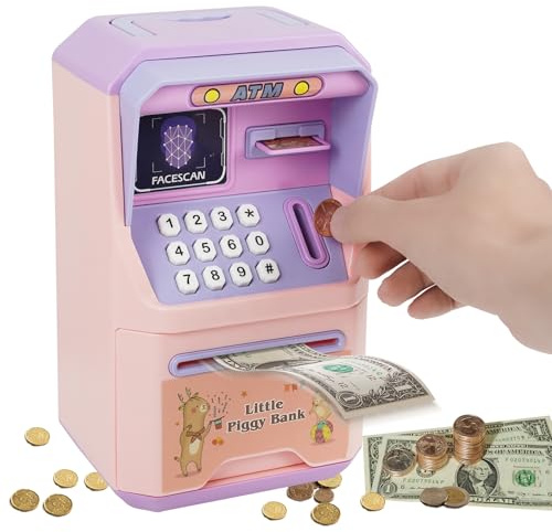 Money Box for Kids Electronic, Piggy Bank with Password, ATM Kids Safe Cash Coin Money Saving Box, for Girls Age 3+, Pink