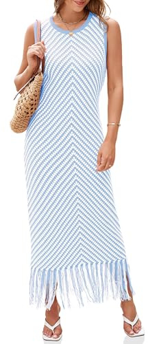 Wenrine Vestido de Ganchillo de Verano para Mujer 2025 otoño Casual Rayas Borla sin Mangas Boho Maxi Vestidos