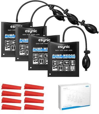 ESYNiC 4PZ Pompa ad Aria per Finestre Carico Massimo di 300LBS, 4x Cuscini Gonfiabili ad Aria Materiale in TPU con 8 Cunei per Montaggio di Finestre Porte Mobili Sportelli Auto Uso Domestico