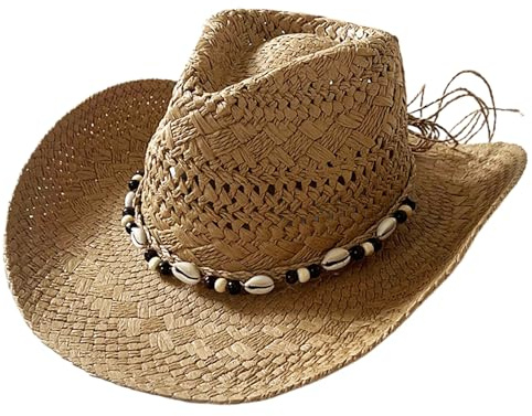Hbbgdiy Stroh Cowboy Hut Sonnenschutz breiter Krempe Cowgirl Hut atmungsbezurhöre westliche Sonnenhüte mit Perlenketten, schmücken für Sommerstrand Urlaub