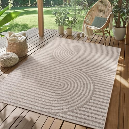 SIMPEX Outdoor Teppich Beige 120x170 cm Wetterfest UV-beständig Pflegeleicht Skandinavisches Boho Design für Küche Balkon Terrasse Garten Wohnzimmer