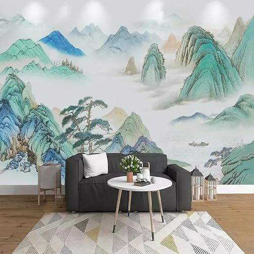 Green Ink Mountains Rivers Boats Trees 3D Wallpaper Feature Office Living Room Sofa Bedroom TV Background Wall Decoration-430cm×300cm