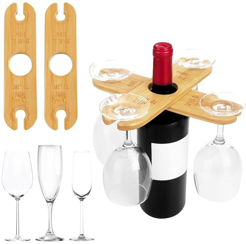 Vexran 2 Pezzi Porta Bicchieri di Vino in Legno di Bambù, Porta Bottiglie di Vino e Bicchieri in Legno, Portabicchieri in Bambù, Design Moderno, per Fino a 4 Bicchieri da Vino e 1 Bottiglia