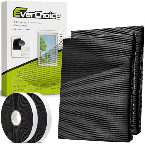EverChoice Fliegengitter Fenster | 130x150 cm | schwarz | 2er Set | Polyester | Insektenschutz ohne Bohren | Fliegennetz mit Klettband | Zuschneidbar | Mückennetz | Moskitonetz