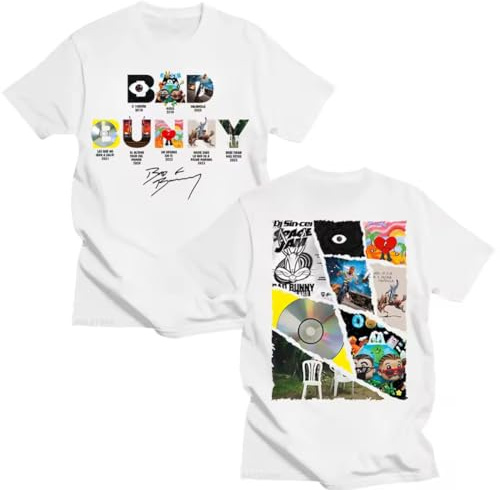 T-Shirt Bad Bunny, Design Graphique Musical, Manches Courtes, Impression Recto-Verso, Album Bad Bunny le Lapin Mauvais, blanc, L