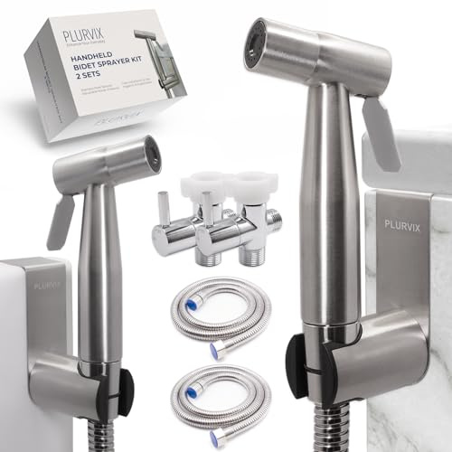 Plurvix Handheld Bidet Sprayer Kit for Toilet – 2 Sets, Adjustable Water Pressure, Stainless Steel Jet Spray Kit with Bidet Hose - Feminine Wash, Baby Cloth Diaper Cleaning, Muslim Shower