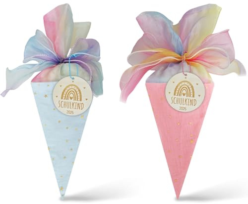 Snyvpra 2 STK Geschwister Schultüte Mini Schultüte Set Stoff in Blau und Rosa, 49cm mit Band und Holzschildern, Leere Schultüten Rohling zur Einschulung