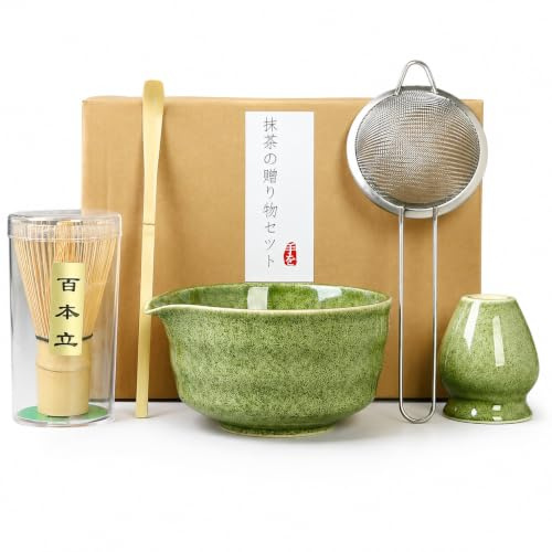 Traditional Japanese Matcha Tea Ceremony Set, 5-Piece Kit with Ceramic Bowl, Strainer, Stand