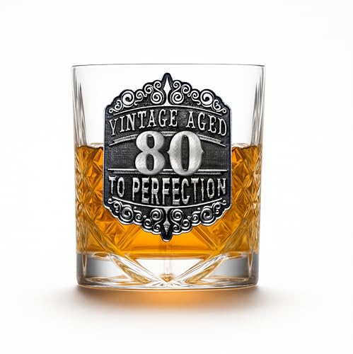 De Walden Men's 80th Birthday Crystal Cut Pewter Feature Whisky Glass Tumbler in a Gift Box, Unique Whiskey Barware for Men (Blue Gift Box No Engraved Plaque)