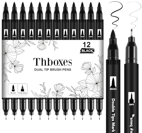 Thboxes 12 Pack Felt Tip Pens, Dual Tip Black Markers Washable Colouring Pens Water-Based Markers for Adults and Kids Art Drawing Sketching Journaling Calligraphy