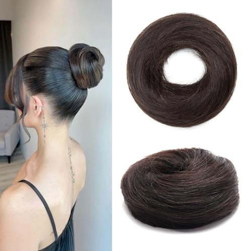 MY-LADY Haarteil Mit Gummiband Dutt Haarteil Haargummi Mit Haaren Glatt 100% Echthaar, Hochsteckfrisuren Haarverlängerung für Damen Mädchen (#1B Natürliches Schwarz,17g)