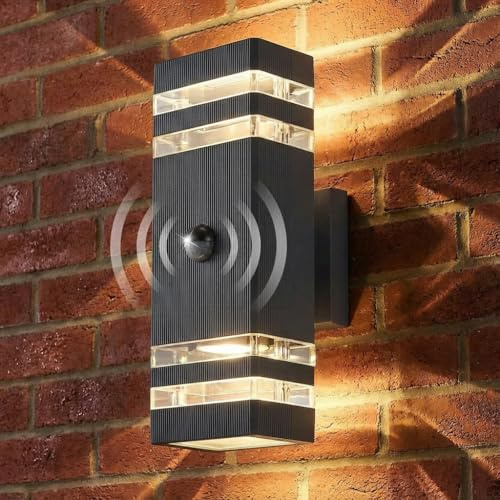 LASIDE Outdoor Wall Light with PIR Motion Sensor, Max 35W GU10 Aluminium Up Down Outside Wall Light, IP65 Waterproof Anthracite Grey Garden Light for Front Door, House, Patio, Terrace, Porch, Garage