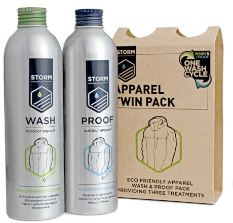STORM Apparel Wash & Proof Twin Kit | Wash-In Performance Cleaner & Waterproofer for Technical Clothing | Effectively Clean & Proof Outdoor Jackets, Trousers and Waterproofs. Contains 3 Treatments.