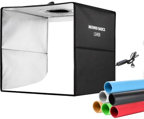 NEEWER Basics Photo Studio Light Box, 16x16x15 Bi Color Folding Photo Booth Shooting Tent with 6 Color Backdrops, 120 LEDs CRI95+ Dimmable for Tabletop Jewelry Electronics Food Photography, LB40B