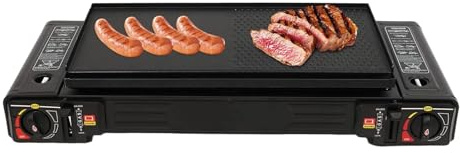 Gasspis med 2 flammor med grillplatta, bärbar gasgrill bordsgrill Camping, utomhus campingspis Camping Grill Gasspis med väska för Camping, Resor, Trekking och Kokning utomhus