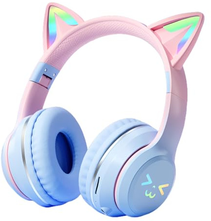 YOFDAL Casque Bluetooth pour Enfants,Casque Audio sans Fil pour Enfants Oreilles de Chat,lumière RGB,sans Fil/Filaire,Réglable,pour Filles garçons Filles Adultes(Bleu dégradé)