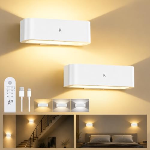 GOODEA 20CM Wandleuchte Innen Akku mit RF Fernbedienung Bewegungssensor | 60Tage Laufz, & Licht‑zu‑Licht Sync, 3 Farbmodi Dimmbar, Timer Magnetisch Wandlampe Akku für Schlafzimmer Flur Treppe 2 Stück