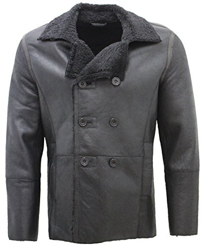Infinity Leather Herren Schwarz zweireihiger Echt Schaffell PEA Coat