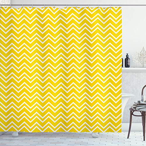 ABAKUHAUS Chevron Duschvorhang, Chevron-Muster-Gelb, Stoffliches Gewebe Badezimmerdekorationsset mit Haken, 175 x 200 cm, Gelb und Weiß