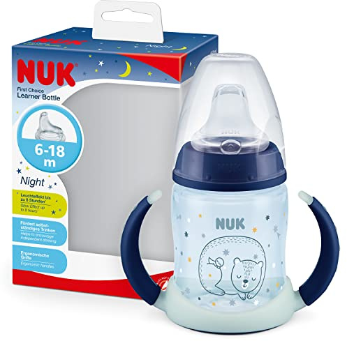 NUK First Choice+ Trinklernflasche Learner Cup Night | 6–18 Monate | 150 ml | Anti-Colic-Ventil | auslaufsichere Trinkschnabel | mit Leuchteffekt | Ergonomische Griffe | BPA-frei | Blau
