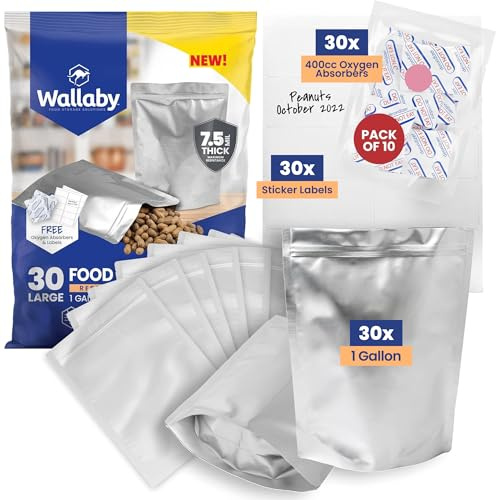 Wallaby 30 st 1-gallon kil mylar väskor med 400 cc syreabsorberande, 15 mil total tjocklek långsiktiga matförvaringspåsar, 10 x 14 stående dragkedja värmeförslutningsbar lufttät förpackning – silver