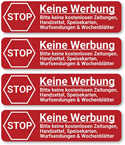 Hochwertige große Aufkleber: keine Werbung für Briefkasten, 4 Stück (je 11,5 x 3 cm) - rot