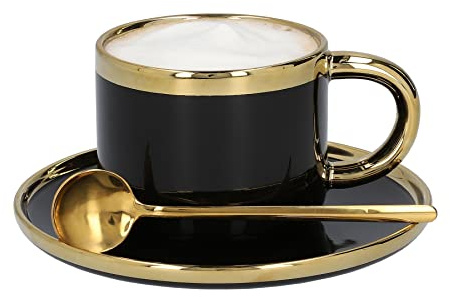 HOMLA Sinnes Porcelain Coffee Cup with Saucer and Spoon – Tea Cup Coffee Service – Vintage Stainless Steel 200 ml Black & Gold