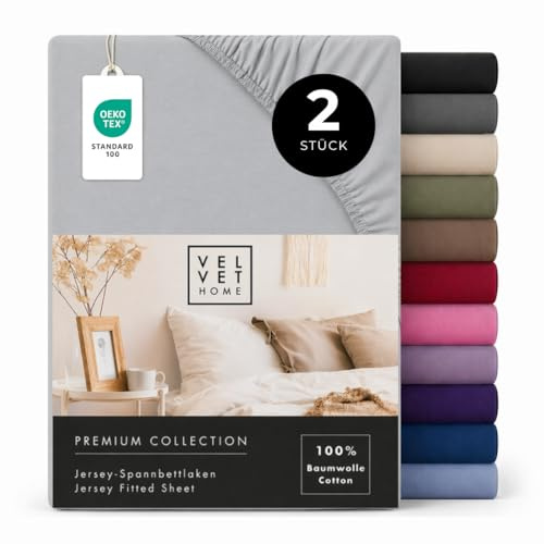 VelvetHome Doppelpack Spannbettlaken 90x200cm 100% gekämmte Baumwolle, Jersey Spannbetttuch für Matratzen bis 25 cm Höhe, Oeko-Tex Zertifiziert, bügelfrei, elastisch, atmungsaktiv, weich, Hell-grau