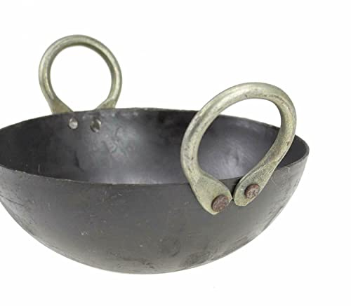 Reldor Natural Iron Karahi Kadai Kadhai Iron Wok Balti Dish with Handles Heavy Duty Round Base (7 INCH)