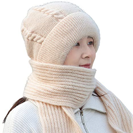 LAKEMON Integrierter Ohrenschutz, winddichter Mützenschal, Dicker, Warmer Ohrenschutz, modische, warme Winter-Strickmütze für Frauen (Beige)