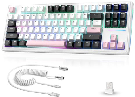 MAMBASNAKE × ATTACK SHARK TKL Hot-Swap-fähige, kabellose mechanische Gaming-Tastatur mit benutzerdefiniertem, gewickeltem USB-C-Kabel, Dreifachmodus 2,4 GHz/BT5.0/kabelgebunden, RGB, 4600mAh-Weiß/Pink