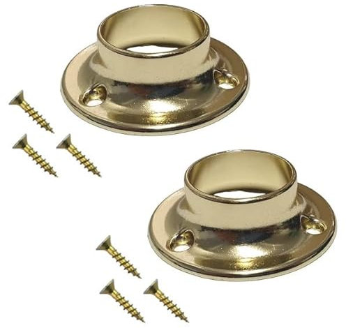 TERF® Polished Brass Curtain Wardrobe Rod Pole Holder Socket for Up to 25mm Diameter Curtain Rail Wall Mount Rod Pole Holder Shower Curtain Closet Lever Rail Socket with Fixing - Pack of 2