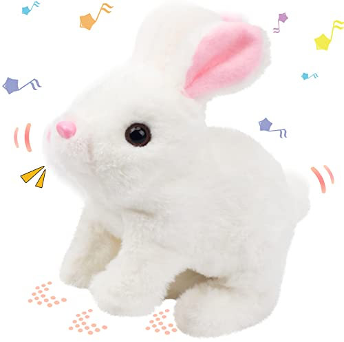 Hopearl Hopping Rabbit Interactive Electronic Pet Plush Bunny Toy with Sounds and Movements Animated Walking Wiggle Ears Twitch Nose Gift for Toddlers Birthday, White, 7''