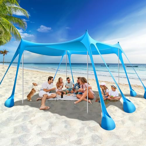 Rhino Valley Strandmuschel, Strandzelt Sonnenschutz UV 50+, Windschutz Strandzelt, Tragbar Sonnensegel Strand für Camping, Angeln, Picknick im Garten Strand, 10x10 FT, Himmelblau