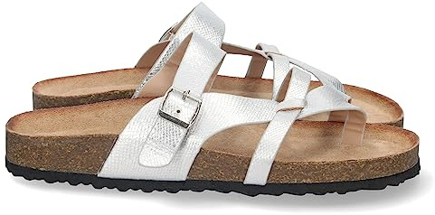 shoes&blues.es 74997 Sandalia Plana de Mujer, Comoda, Planta Bio, de Esclava, con Palas Cruzadas, Hebilla, y Talon Abierto Plata Talla 38