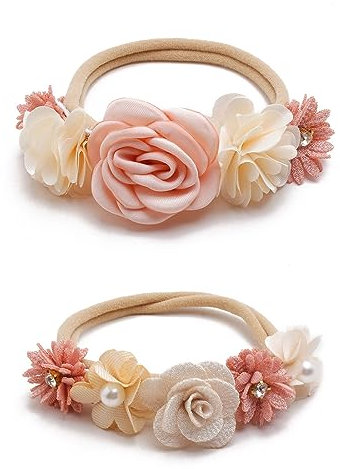 LYQNIHOB 2er Pack Baby-Mädchen Stirnbänder mit Blumenmuster - Weiche, niedliche rosa Haarbänder für Neugeborene, Säuglinge, Kinder - Perfekt als Party-, Hochzeits- und Fotografie-Haarschmuck