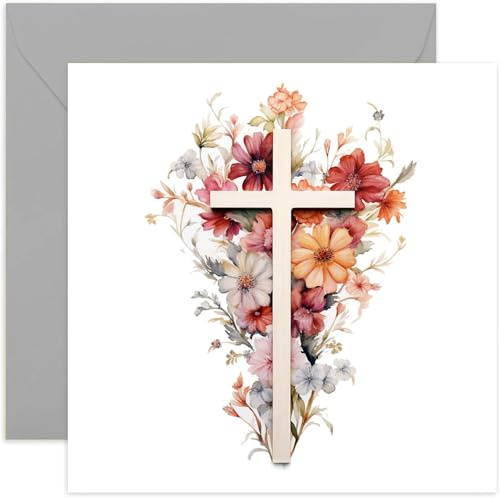 Old English Co. Religious Flower Christian Cross Artwork Greeting Card for Christening, Baptism, Easter, First Holy Communion, Dedication - Flora Crucifix Card - Good Luck, Thinking of You