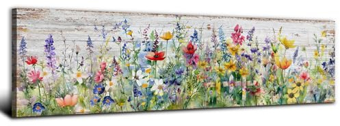 Rustic Wildflower Wall Art Colorful Farmhouse Floral Scenery Picture Decor Watercolor Flower Landscape Wood Grain Prints Painting Artwork for Living Room Office Bathroom Bedroom Home Decoration 14x48