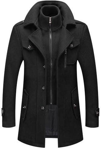 CHARTOU Men's Thermal Single Breasted Wool Blend Coat Business Peacoat with Detachable Zipper (Large,Black)