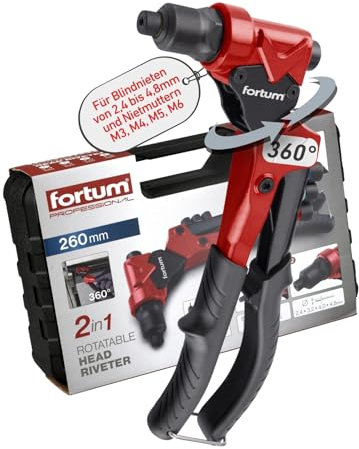 Fortum Pinza per rivetti ciechi e rivetti filettati, testa girevole a 360°, pinza per rivetti M3-M6 e rivetti pop da 2,4 – 4,8 mm, pinza per rivetti con perni di trazione